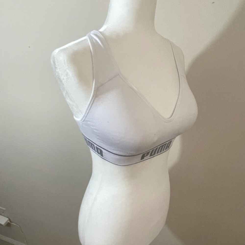 Puma sz sm sports bra soft gray deep gray letters